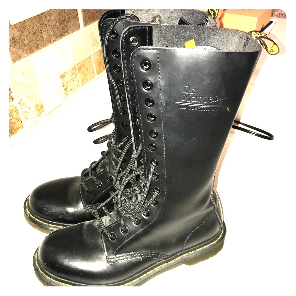 Knee high lace up Doc Martens. Black leather.